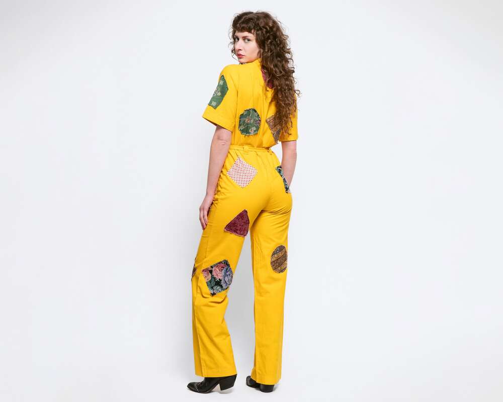 Vintage 70s Yellow Patchwork Coverall Jumpsuit - Medium